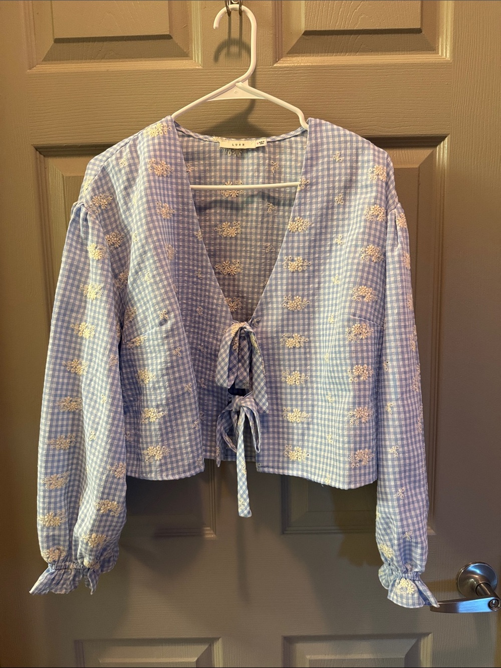 Lush Light Blue Gingham Tie-Front Embroidered Jacket